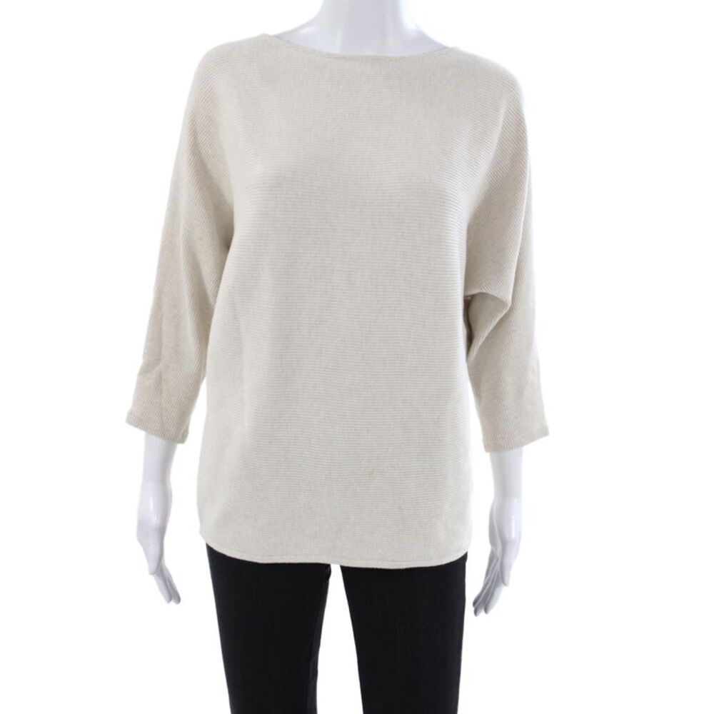 R Label Women Pullover Sweater Boat Neck 3/4 Sleeve Beige 34% Cotton Size S